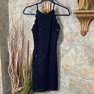 Bcx Elegant little Black Dress lace scalloped, bodice front and back. Straps.